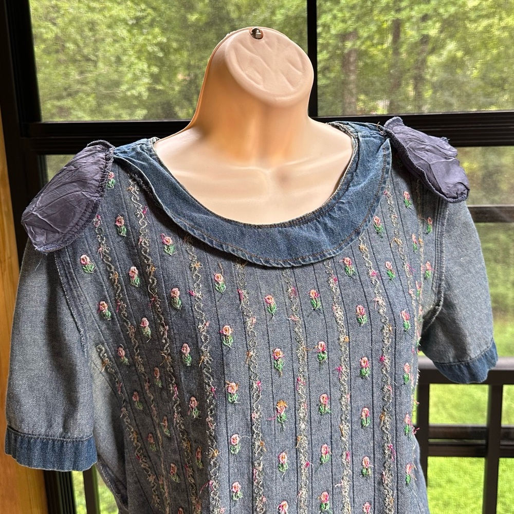 Vintage Rustic Denim Cottage Prairie Embroidered Floral Modest MidiDress ~ S/M? - Picture 5 of 16
